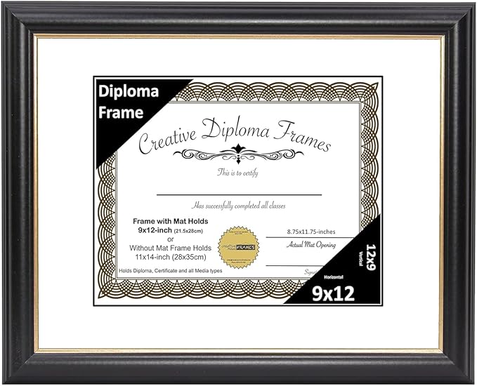 Creative Picture Frames 9" x 12" Rockefeller Black with Gold Rim Diploma Frame, Displays 9" x 12" Certificate or 11" x 14" Document without Mat, College Degree Frame, Full-Strength Glass, White Mat