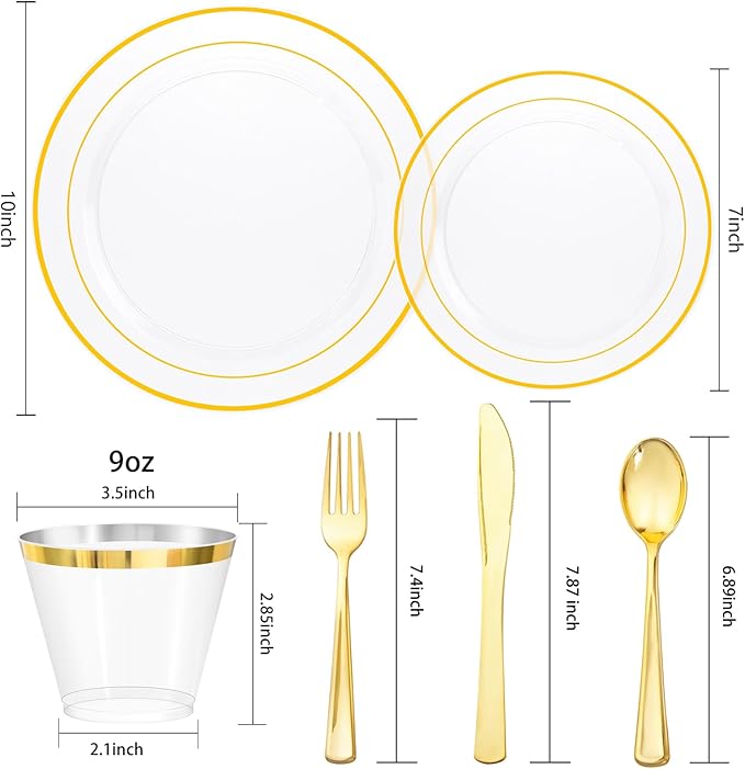 bUCLA 150Pcs Clear Gold Plastic Dinnerware Set - Clear and Gold Disposable Plates Include 25 Dinner / 25 Dessert Plates,25 Knives,25 Forks,25 Spoons,25 Cups for Party