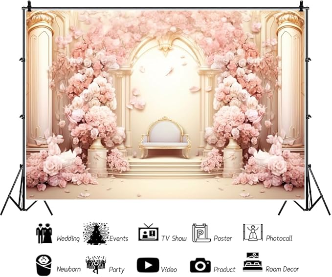 12x8ft Pink Floral Wall Backdrop Girls Rose Bridal Shower Palace Wedding Anniversary Flowers Baby Shower Party Decorations Photography Background Photo Shoot Props