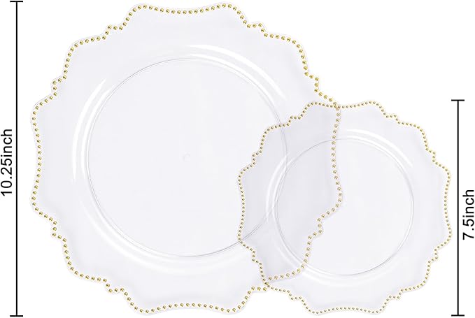 COLOSUS 100pcs Clear and Gold Plastic Plates Disposable Heavy duty Plastic Party Plates set Include 50 dinner plate and 50 dessert/salad plate for party/wedding