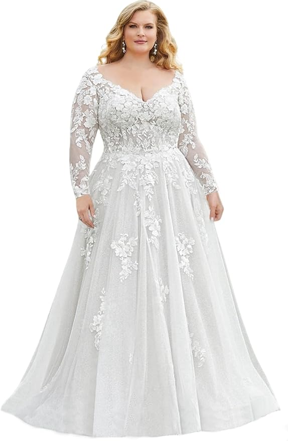 Plus Size Wedding Dresses for Bride Long Sleeve Wedding Bridal Gowns with Lace Appliques Off Shoulder Bride Dress