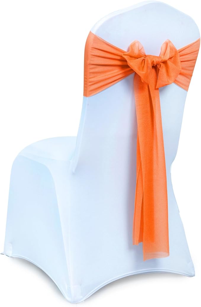 VDS Pack of 150, Orange, Sheer Chiffon Chair Sashes Bows Chair Cover Back Tie Ribbon for Wedding Birthday Baby Shower Engagement Ceremony Event Party Banquet Restaurant Dining Chair Decoration