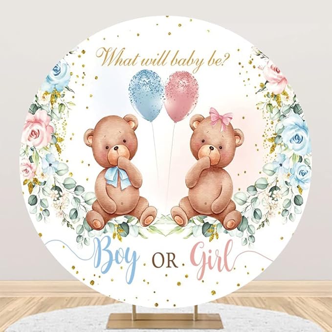 Leyiyi 5.5x5.5ft Boy or Girl Baby Shower Round Backdrop Golden Dots What Will Baby Be Lovely Bear Background for Photography Watercolor Floral Balloons Newborn Gender Reveal Party Cake Table Banner