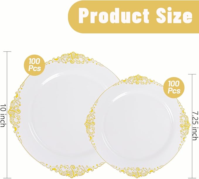 200PCS White and Gold Plates - Gold Plastic Plates - Fancy Disposable Plate - Gorgeous Dinner & Dessert Plate for 100 Guests for Wedding & Party