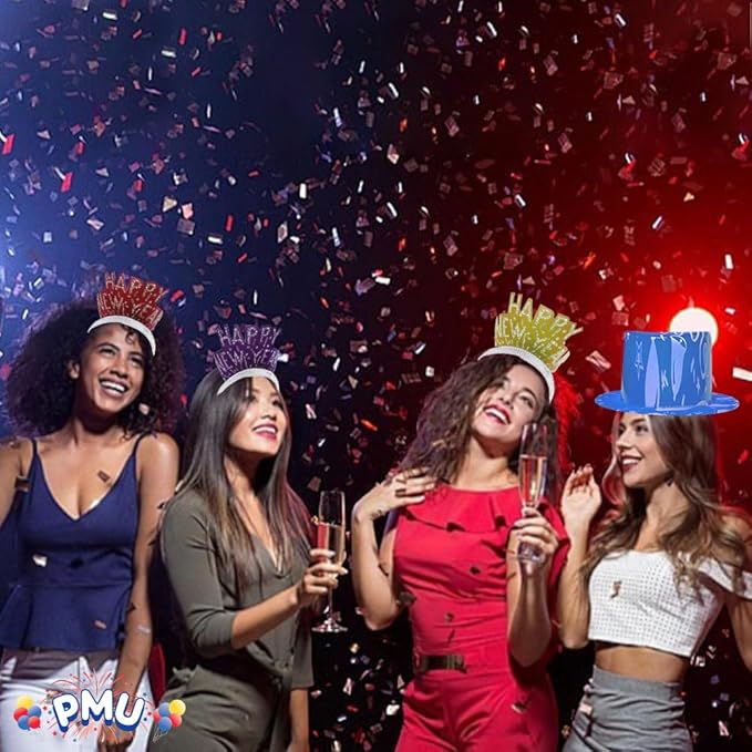 PMU New Year's Eve Party Supplies 2026 Supreme Party Assortment for 100 Persons - (Blue, Red, Yellow and Green) New Year Decorations Supplies, Outfits for Adults, Men and Women (100/psn) Pkg/1