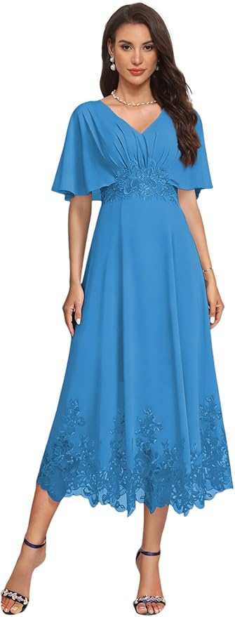 Tea Length Mother of The Bride Dress with Sleeves Laces Formal Evening Gowns for Wedding V Neck Wedding Guest Gown ZMX37