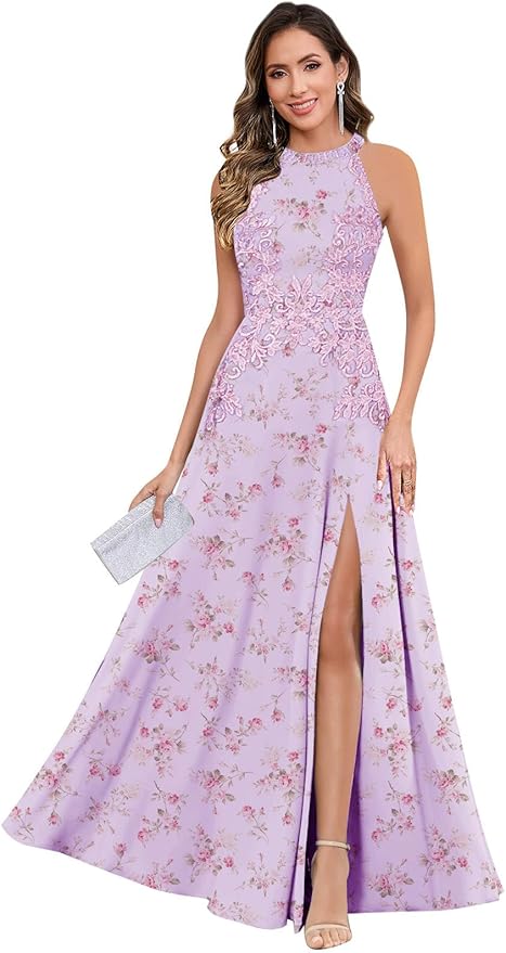 GUKARLEED Halter Lace Appliques Mother of The Bride Dresses for Women Long A-line Formal Wedding Guest Dress with Slit