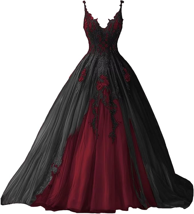 TRHTX Spaghetti Straps Wedding Dresses for Bride Layered Tulle Gothic Black Bridal Gowns Lace Applique Wedding Gowns