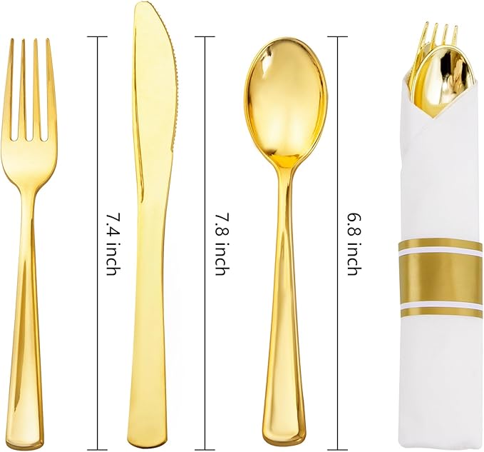 Nervure 400PCS Pre Rolled Gold Plastic Silverware Sets - Heavy Duty Gold Cutlery - Include 100 Pack Wrapped Disposable Utensils with Napkins for Parties, Dinners & Weddings