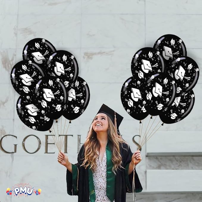 PMU 100 Pcs Black Graduation Balloons Class of 2025 with All-Over Print White Grad Caps-Confetti and Streamers | Graduation Party Supplies | Congratulations Grad Latex Balloons Latex