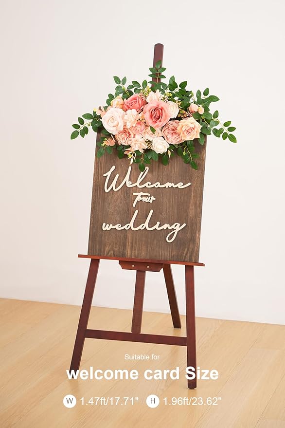 2pcs Dusty Pink Artificial Flower Swags Decor Wedding Welcome Sign Easel Board Rose Eucalyptus Garland for Outdoor Party Ceremony Backdrop Reception Entryway Table Decor Faux Floral