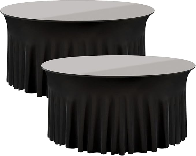 2 Pack Black Round Spandex Tablecloth 60 Inch, Wrinkle Free Stretch 120 Inch Fitted 5ft Black Table Cloths Round Table Covers with Ruffle Skirt for Graduation Wedding Party Banquet