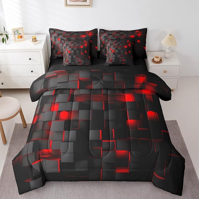 Feelyou Red and Black Bedding Set Full Size Light Geometric Comforter Set with Sheets 7 Piece for Kids Boys Decor Bed in a Bag Modern Bed Set