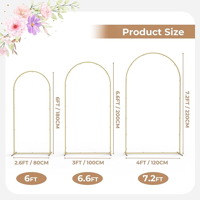 Babenest Gold Arch Backdrop Stand Set of 3, 6FT/6.6FT/7.2FT Metal Arch Weeding Stand, Balloon Arch Frame for Ceremony Birthday Party Bridal Baby Shower Banquet Decoration