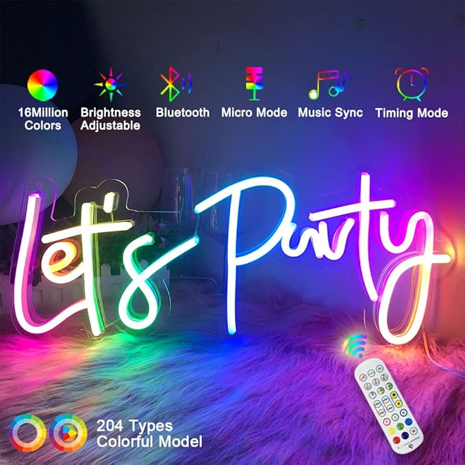 JXIN Colorful Lets Party Neon Sign for Wall Decor, Let's Party Sign for Birthday Wedding Party, Color Changing Light with Remote, Music Sync, Timing & APP Control, Gifts for Loved Ones, 23"x10"