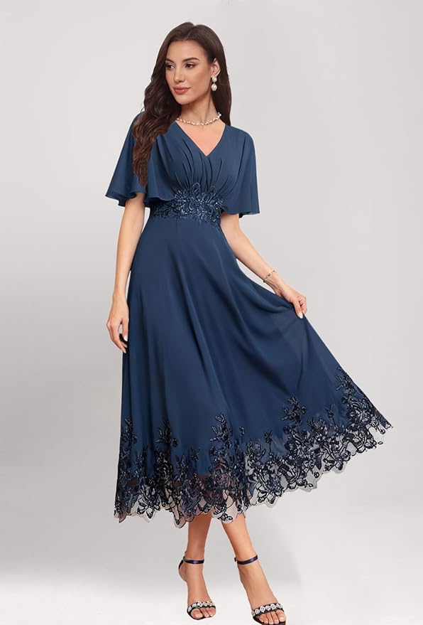 Tea Length Mother of The Bride Dress with Sleeves Laces Formal Evening Gowns for Wedding V Neck Wedding Guest Gown ZMX37