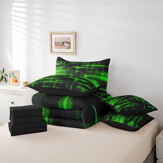Feelyou Green Black Bedding Set Twin Size Boys Girls Geometric Strip Lines Comforter Set with Sheets 7 Piece for Bed in a Bag Abstract Modern Bed Set with Comforter,Sheets,Pillowcases