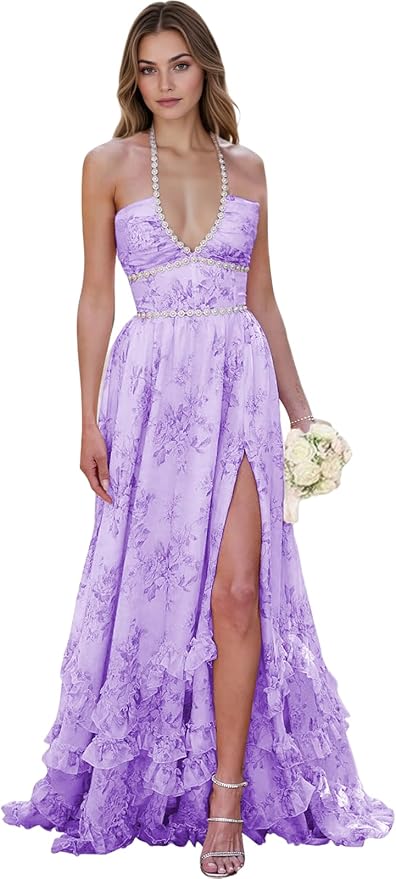Floral Printed Chiffon Prom Dress for Carmen 2025 Long V Neck Floor Length Photoshoot Dress with Side Slit Ruched