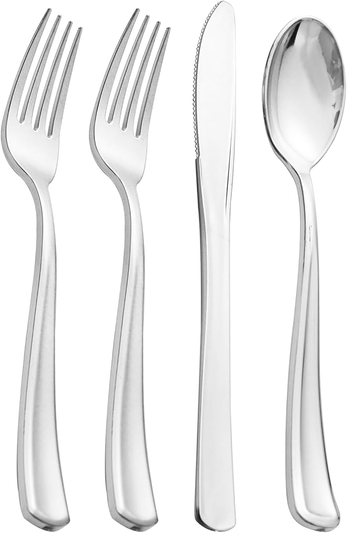 Supernal 360pcs Plastic Silverware Heavy Duty, Silver Disposable Silverware Sets for Parties,Plastic Forks and Spoons,Party Disposable Flatware Suit for Weddings, Birthday, Parties
