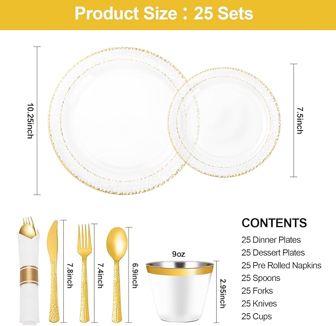 175PCS Clear Plastic Plates with Gold Trim for 25 Guests, Disposable Dinnerware Set for Party & Wedding, Includes 50 Plastic Plates, 25 Pre Rolled Napkins with Gold Silverware, 25 Cups