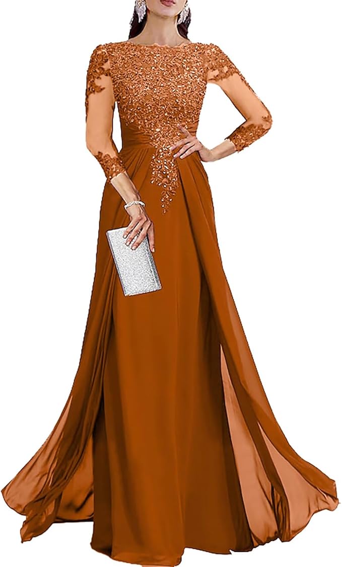 Long Sleeve Mother of The Bride Dresses for Wedding Lace Appliques Chiffon Formal Dress He6052