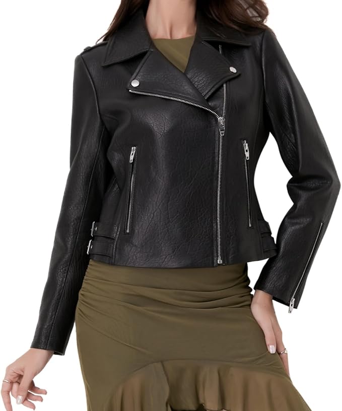 SILVER FASHIONS Lambskin Leather Jacket Women,Motorcycle Jacket,Asymmetrical Zip Style,Buckle Belts,Quilted Details