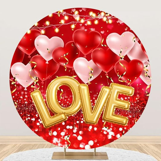 Valentine's Round Backdrop Cover Red Glitter Heart Balloons Love Lights Sweethearts Romantic Lover Photography Background Wedding Anniversary Party Banner Party Props 7.2ft