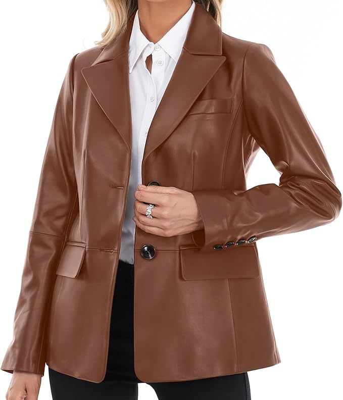 SILVER FASHIONS Lambskin Leather Jacket Women,Long Sleeve Button Front Leather Blazer,Notched Lapel Casual Style,Vent Detail