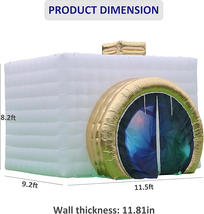 SAYOK Inflatable Photo Booth with Lights, Portable Camera Shaped Cube Tent with Blower, 11.5x9.2x8.2ft (White/Gold), Backdrop for Wedding Events, Parties, Exhibitions