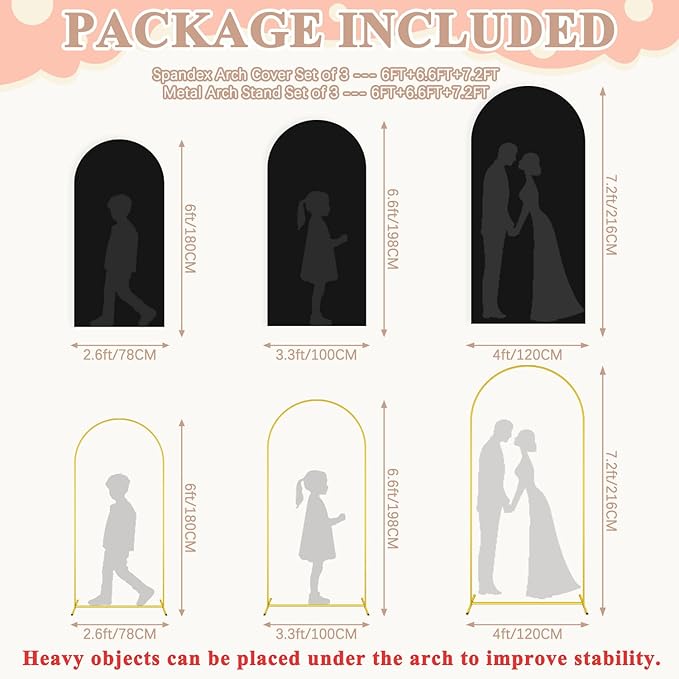 Metal Arch Stand and Cover Set 7.2FT, 6.6FT, 6FT Balloon Wedding Arch Frame with Black Spandex Wedding Arches Cover Set of 3 Chiara Backdrop Stand for Parties Birthday Baby Shower Decor