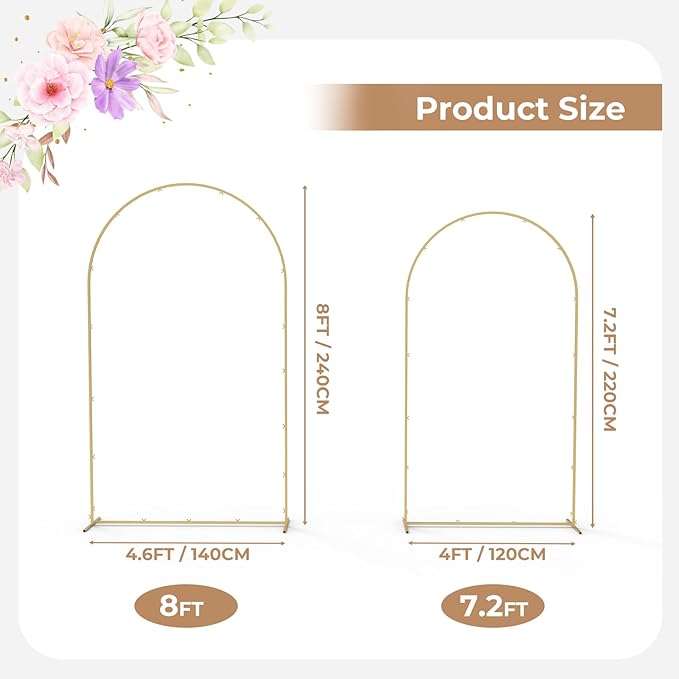 Babenest Gold Arch Backdrop Stand Set of 2, 7.2FT/8FT Metal Arch Wedding Stand, Balloon Arch Frame for Ceremony Birthday Party Bridal Baby Shower Halloween Banquet Decoration