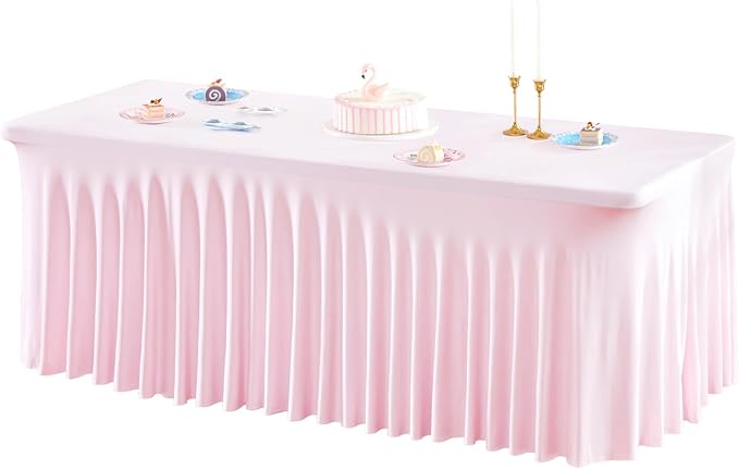 1 Pack Pink Table Clothes for 8 Foot Rectangle Tables, One-Piece Wrinkle Resistant Stretch Spandex Table Covers with Skirt for Event Banquet Wedding Birthday Party