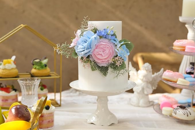 Serra Flora 3Pcs Pre-made Silk Flowers Cake Topper Artificial Blue Wedding Cake Decorating are Perfect for Weddings, Anniversaries,Birthday parties.