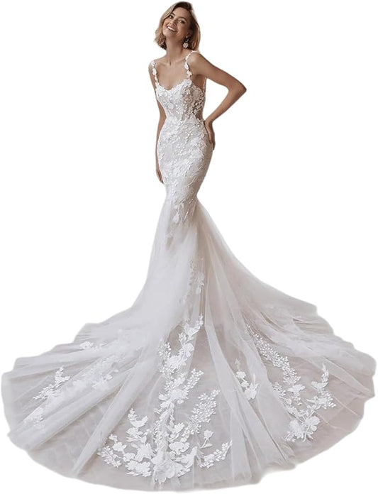 Zeeyecie Mermaid Tulle Wedding Dresses Lace Applique Corset V-Neck Sparkly Bridal Gowns with Train for Brides