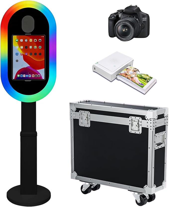 Photo Booth Shell Compatible with iPad Tablet 10.2'' 10.5’’ 10.9'' 11'' 12.9'' 13'' Selfie Protable iPad Photo Booth Machine with Flight Case for Parties Wedding Rental (Black, Machine+Camera+Printer)