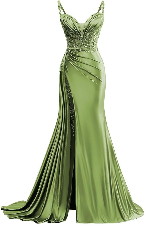 V Neck Satin Prom Dresses Long Mermaid Lace Evening Gown with Slit Pleated Bodycon Formal Dress with Tail