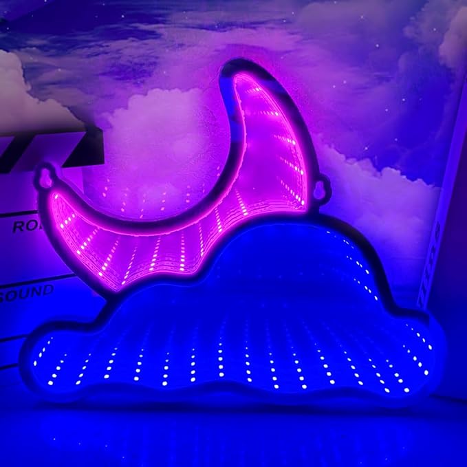 Infinity Mirror LED Neon Sign Wall Decor – Cloud & Moon 3D Light for Bedroom, Game Room, Living Room, USB Powered Aesthetic Night Lamp, Blue Pink Ambient Neon Wall Art, Layered Acrylic PET Design 12"x9"