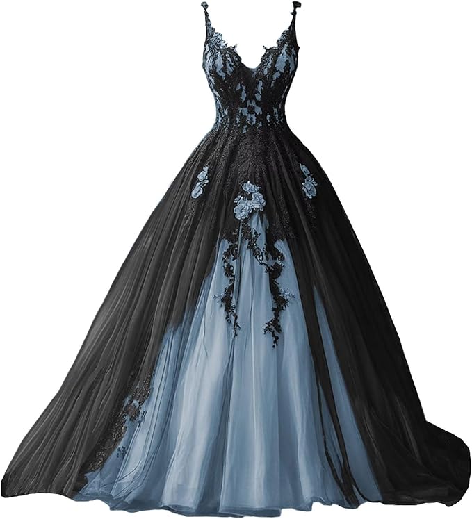 TRHTX Spaghetti Straps Wedding Dresses for Bride Layered Tulle Gothic Black Bridal Gowns Lace Applique Wedding Gowns