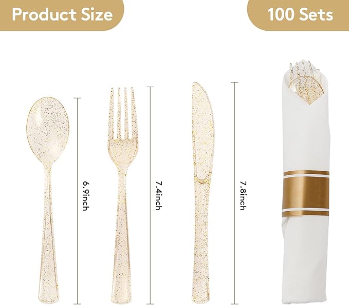 Goodluck 100 Pack Pre Rolled Gold Glitter Plastic Silverware, Wrapped Cutlery Set with Napkin Include 100 Forks, 100 Knives, 100 Spoons and 100 Napkins, Fancy Disposable Silverware for Party, Wedding