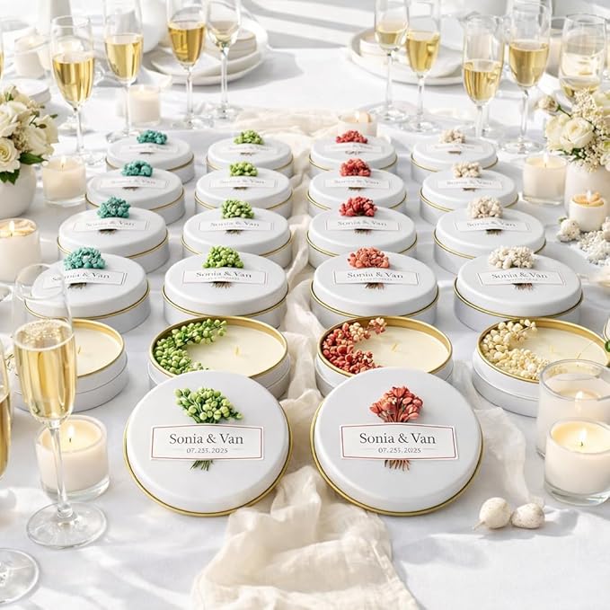 Personalized Scented Soy Wax Candle Favors with Dried Flowers, White Tin Guest Gifts for Weddings, Bridal & Baby Showers, Bulk Sets (10–200 Count)