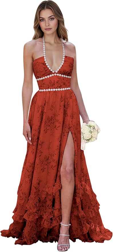 Floral Printed Chiffon Prom Dress for Carmen 2025 Long V Neck Floor Length Photoshoot Dress with Side Slit Ruched