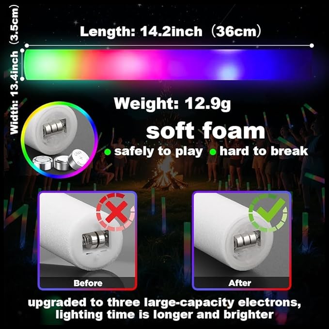 103PCS Light Up Foam Sticks,LED Glow Sticks Bulk Party Pack with 3 Modes Colorful Flashing,Glow in The Dark Party Supplies,Glow Sticks Bulk for Wedding,Halloween,Birthday,July 4th,Concert