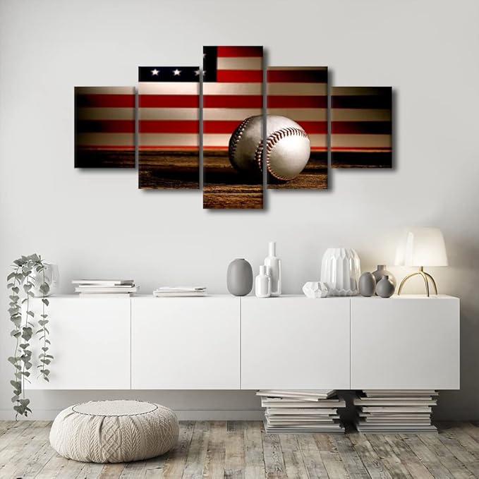 Wall Art Vintage USA American Flag Baseball Military Canvas Painting Modern Home Decor 5 Panel Wall Art American Flag Picture Print Canvas Painting Decor for Living Room Framed Ready to Hang-60"Wx32"H