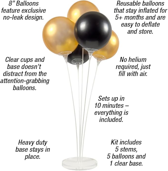 Reusable Balloon Tabletop Kit - Helium-Free Vinyl Bouquets - Lasting Inflation - Includes 5 Balloons, Stems & Acrylic Base, for Business, Schools & Events (Gold and Black)