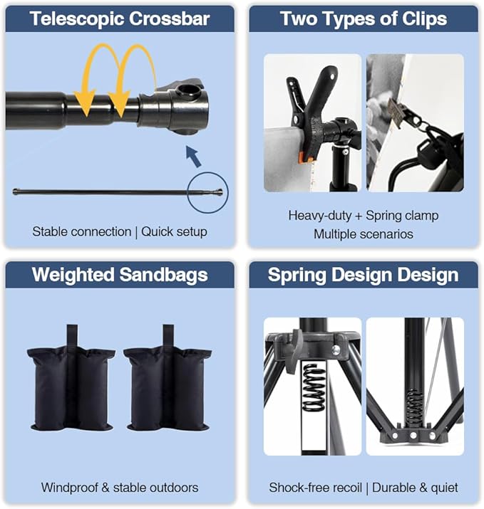 Kate Backdrop Stand Kit for Photography, 10x8.5ft(WxH) Adjustable Heavy Duty Photo Background Stand with 8 Clamps and 2 Sandbags, Back Drop Support System Stand for Backdrop Parties