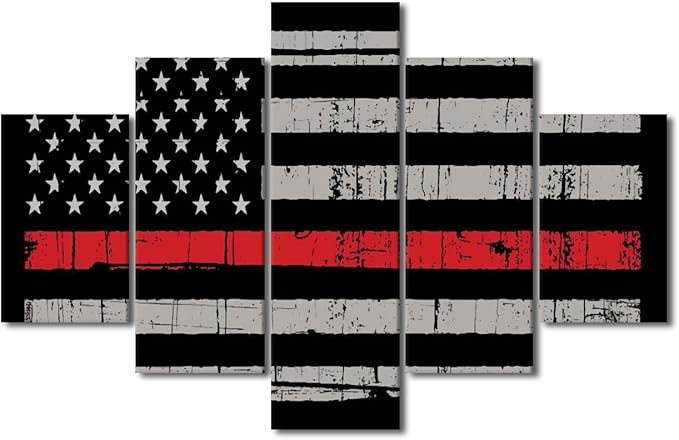 TISHIRON 5 Piece American Flag Wall Art Black and White Graffiti Red Line Painting Prints Artwork Modern Home Decor Canvas Wall Art for Home and Office Wooden Decoration Framed Ready to Hang 60x40 in