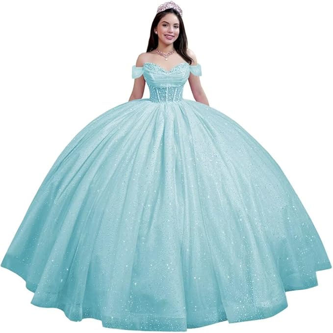 Youjiayi Glitter Tulle Quinceanera Dresses with Train Off Shoulder Beaded Sweet 16 Dresses Pleated Long Ball Gown for Women