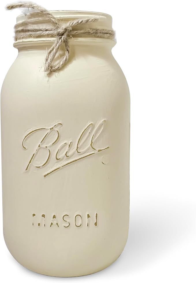 Mason Jar Centerpieces for Tables, Set of 5-32 oz Hand-Painted Ivory Mason Jars for Wedding, Baby Shower, Bridal Shower - Rustic Bridal Shower Centerpieces for Tables (5 Ivory Jars - No Flowers)