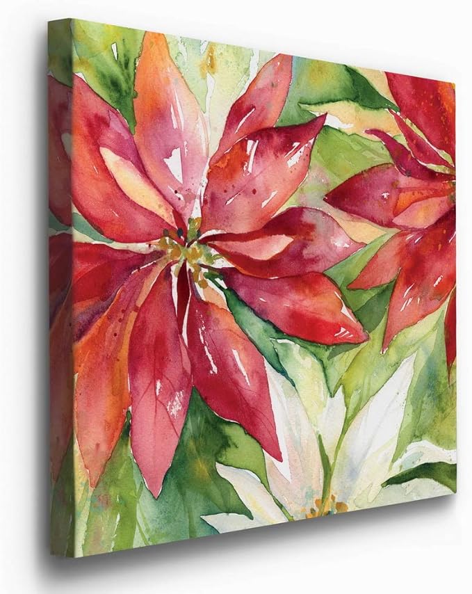 Renditions Gallery Poinsettia Leaves Wall Art, Christmas & Winter Artwork, Festive Red & Green, Flowers, Floral, Premium Gallery Wrapped Canvas Decor, Ready to Hang, 16 in H x 16 in W, Made in America