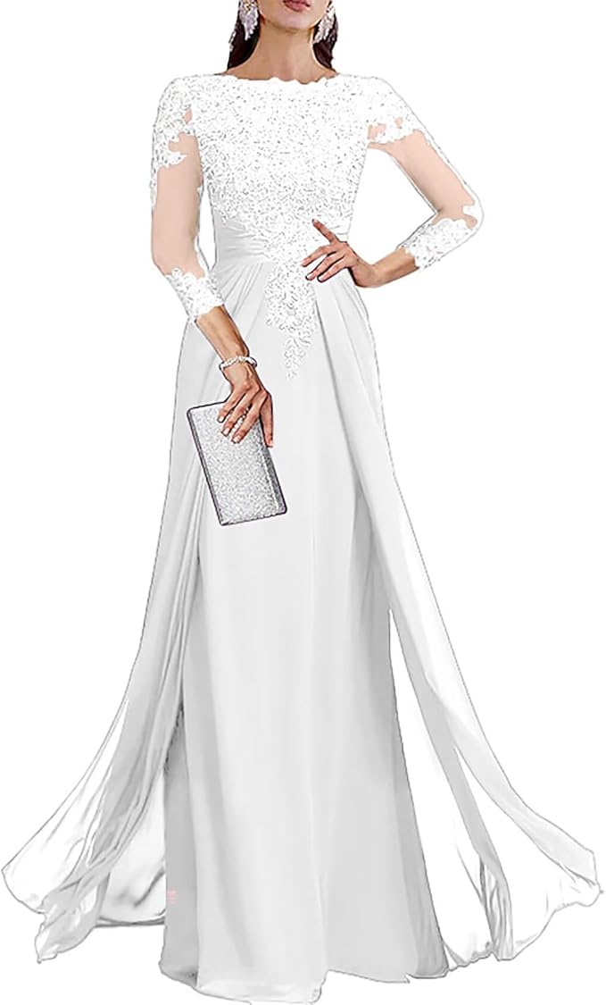 Long Sleeve Mother of The Bride Dresses for Wedding Lace Appliques Chiffon Formal Dress He6052